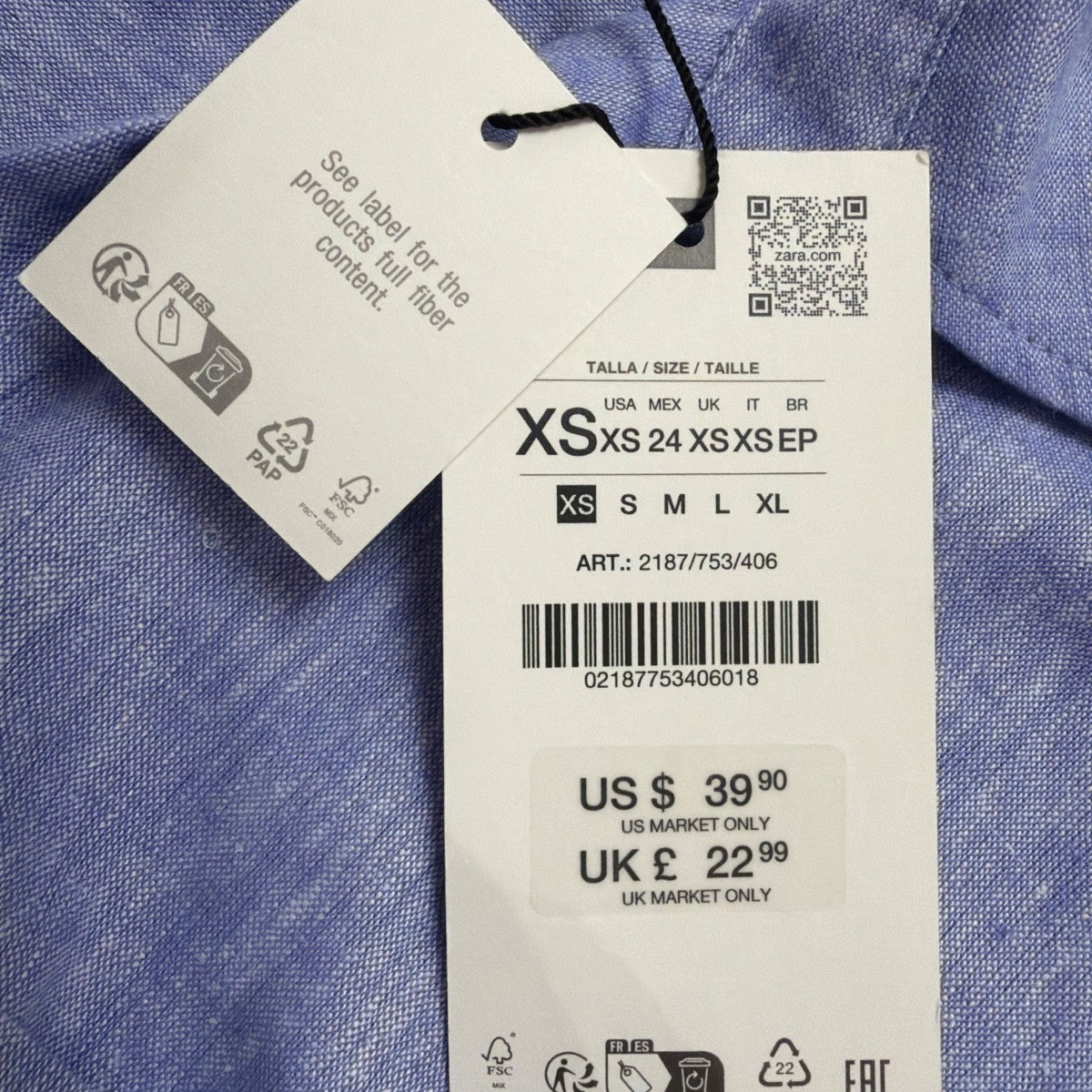 Zara Womens Blue Linen-Blend Collared Button-Up Short Sleeve Shirt Size XS