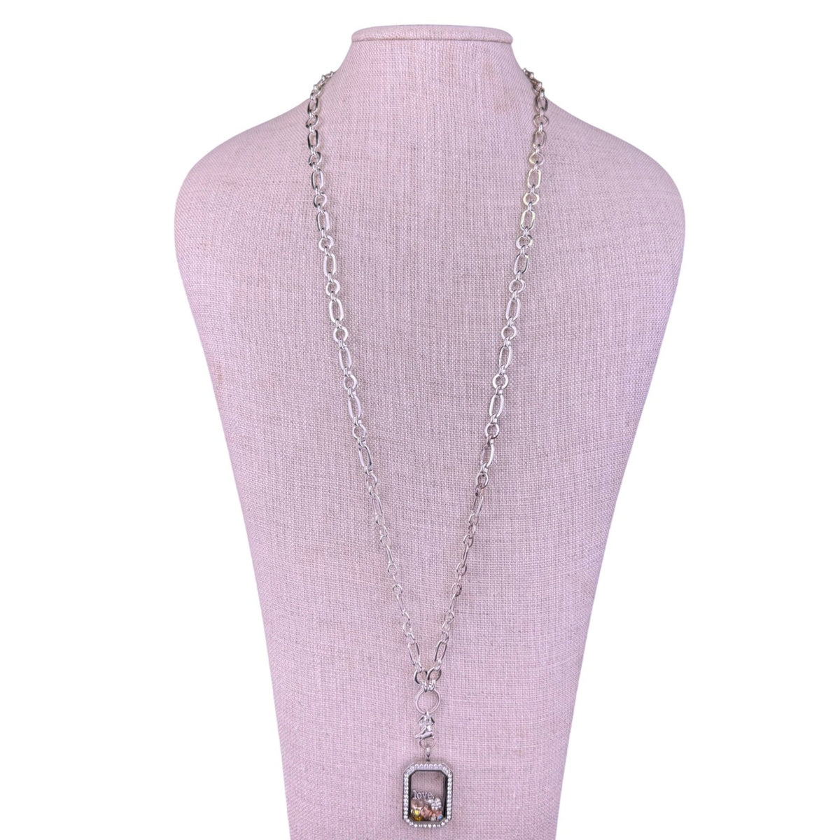 Origami Owl Women’s Silver Tone Necklace With Crystal Locket “Love” Charm