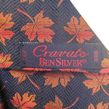 Ben Silver Mens Navy & Red 100% Silk Floral Handmade Tie Autumn Leaf Pattern