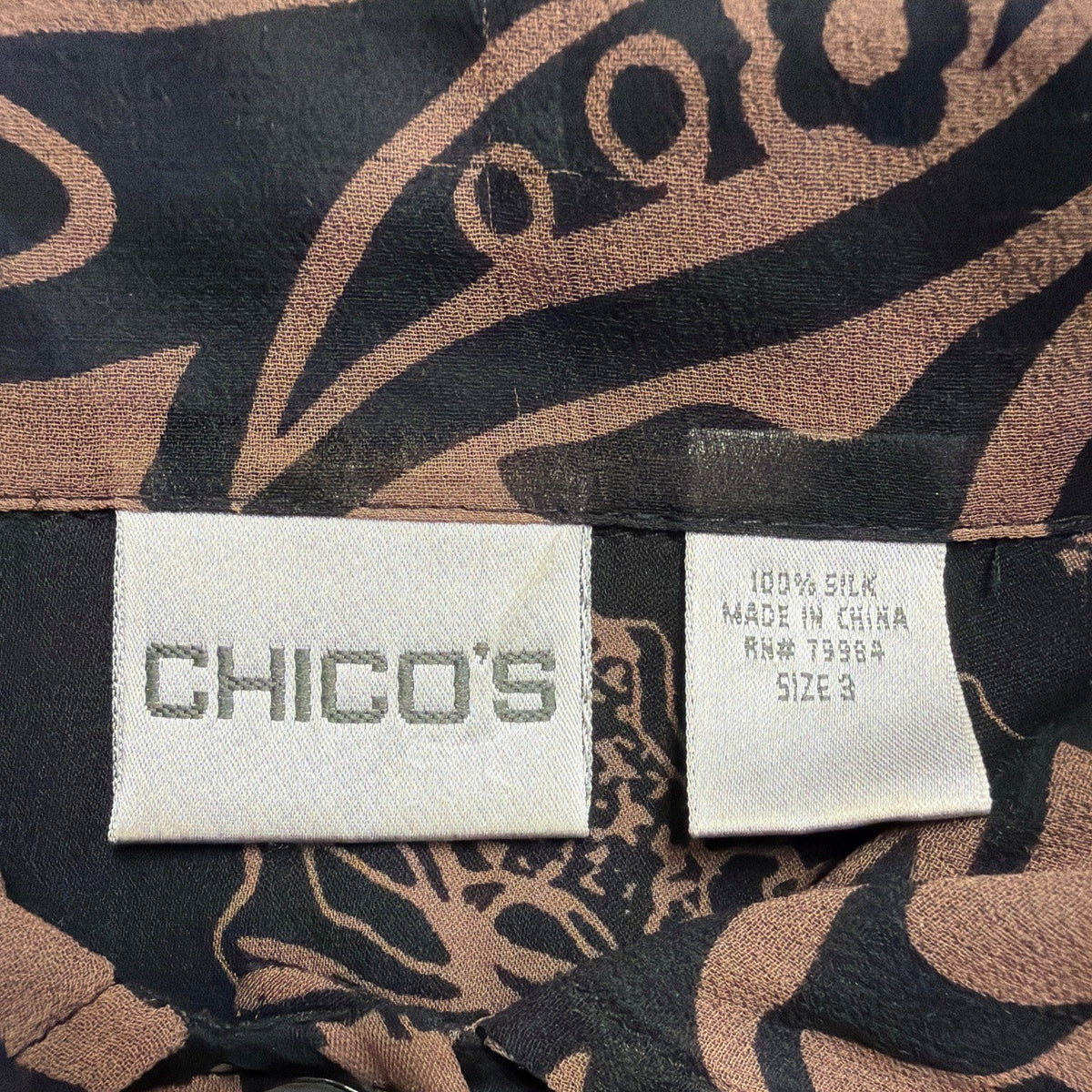 Chicos Womens Black & Brown 100% Silk Button-Up Floral Blouse Shirt Size 3