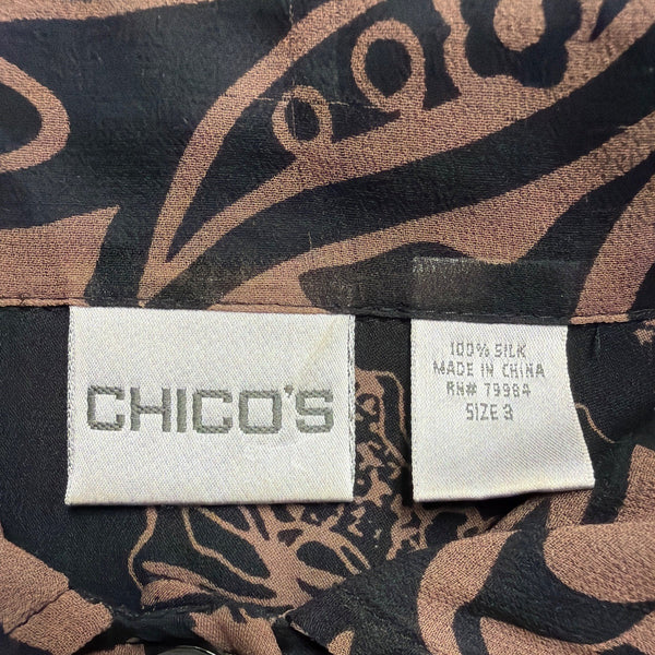 Chicos Womens Black & Brown 100% Silk Button-Up Floral Blouse Shirt Size 3