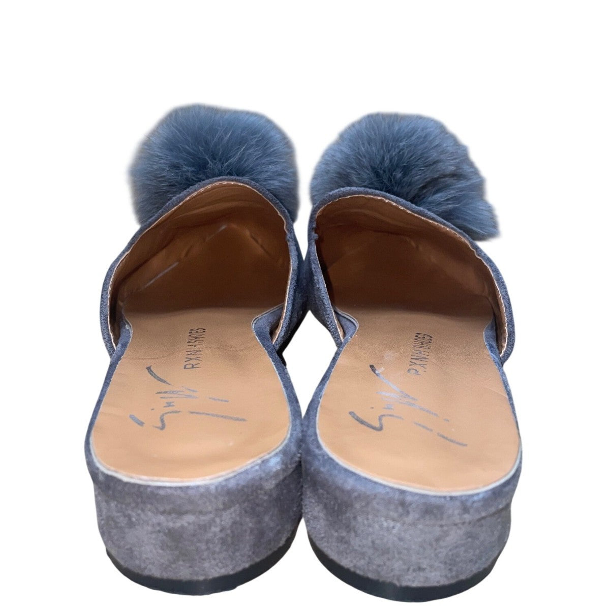 Giuseppe Zanotti Women’s Gray Faux Suede Pom-Pom Almond Toe Slip-On Mules Size 9