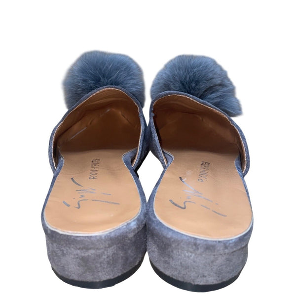 Giuseppe Zanotti Women’s Gray Faux Suede Pom-Pom Almond Toe Slip-On Mules Size 9