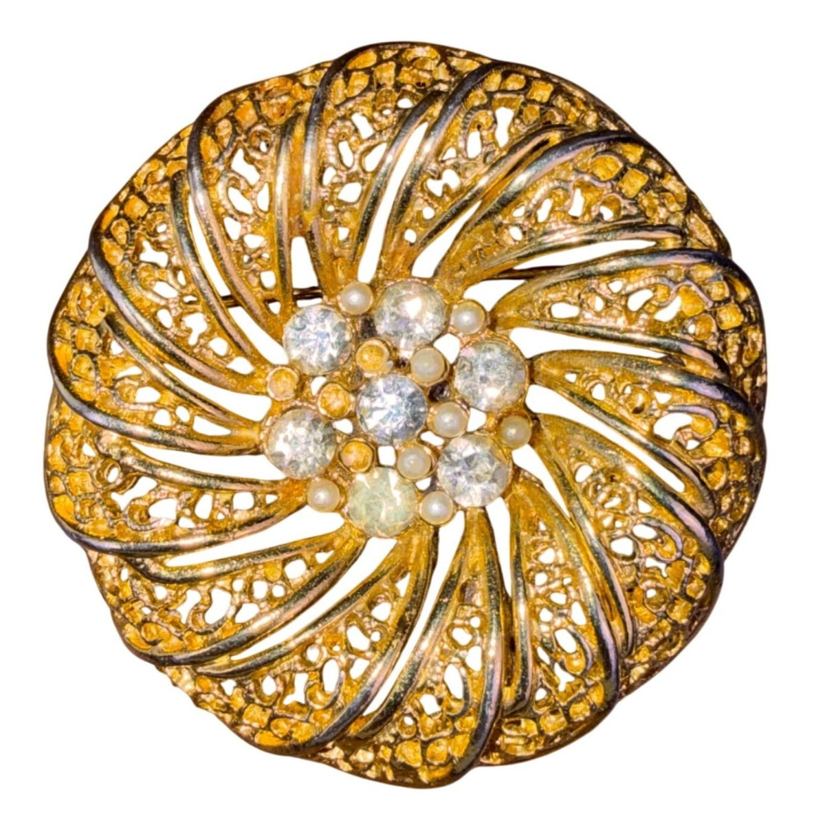 Vintage Gold Tone Floral Filigree Brooch With Clear Rhinestones & Pearls 