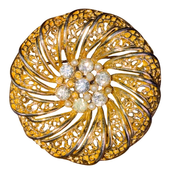 Vintage Gold Tone Floral Filigree Brooch With Clear Rhinestones & Pearls 