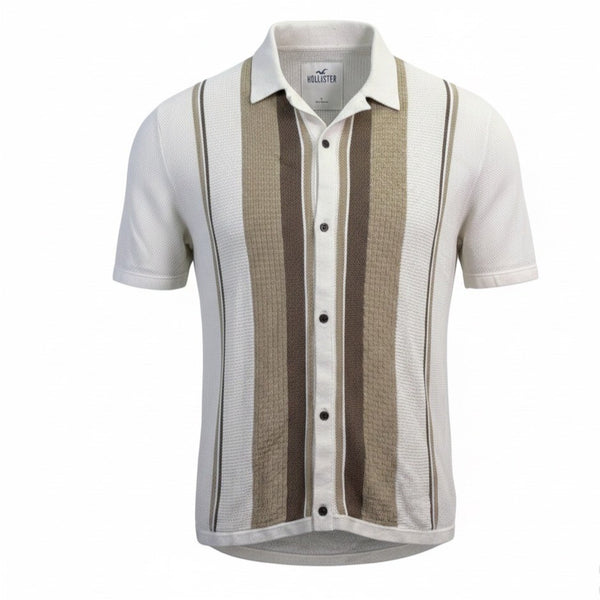 Hollister Mens Beige/Brown Stripe Button-Down Knit Short-Sleeve Shirt Size L