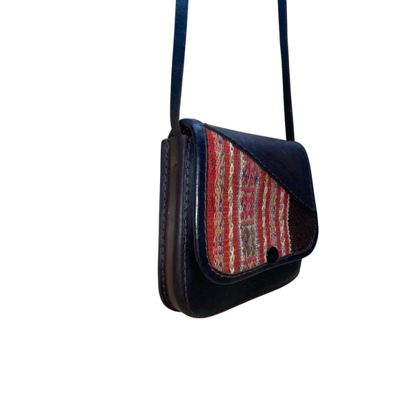 Vintage Handmade Women’s Brown Leather & Woven Striped Pattern Crossbody Bag
