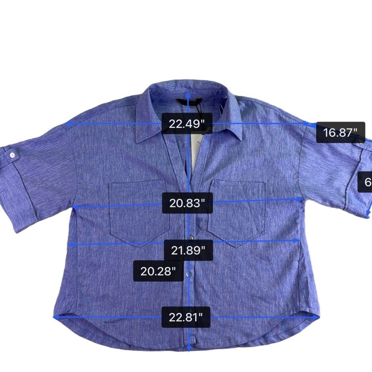 Zara Womens Blue Linen-Blend Collared Button-Up Short Sleeve Shirt Size XS