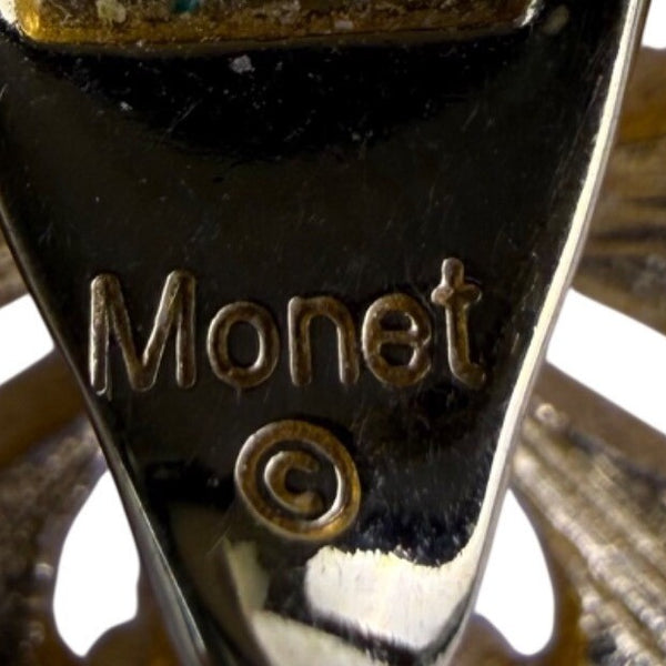 Monet Women Gold Tone Metal Vintage Clip-On Earrings Round Art Deco Design