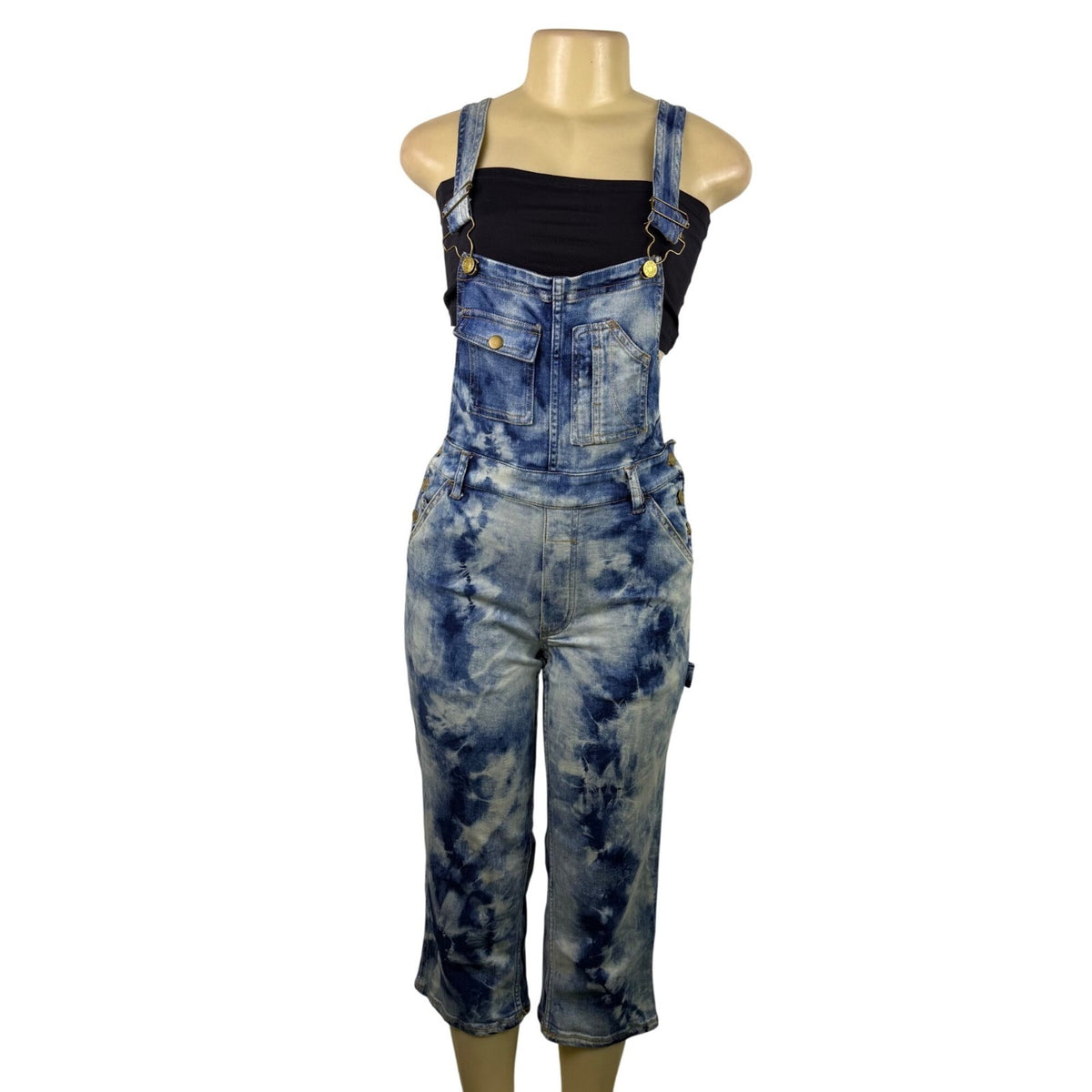 Anthropologie Womens Blue Cotton Blend Tie-Dye Denim Overalls Size 24 Petite