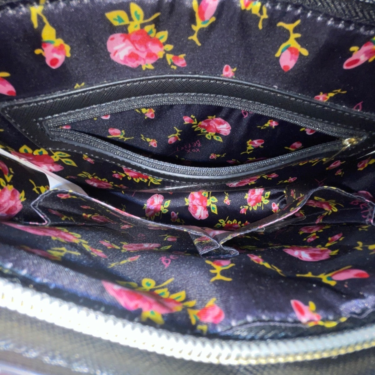 Betsey Johnson Women’s Black & Pink Floral Print With Gold Heart Detail Clutch