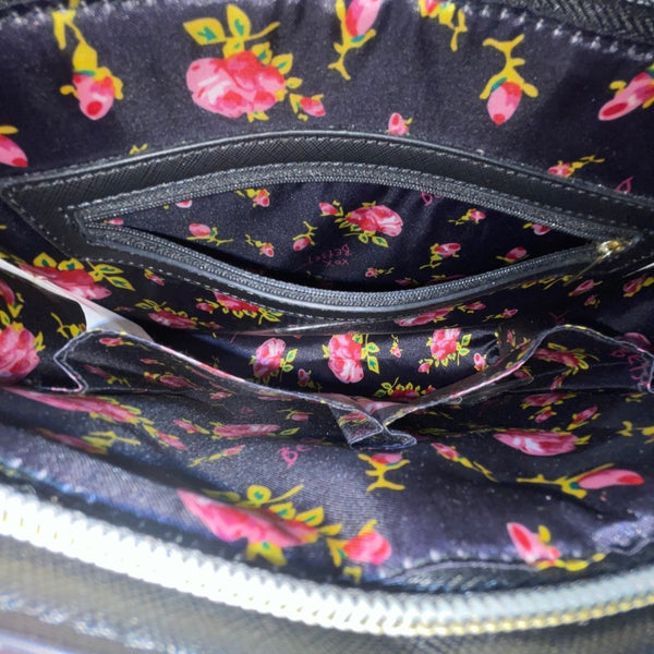 Betsey Johnson Women’s Black & Pink Floral Print With Gold Heart Detail Clutch