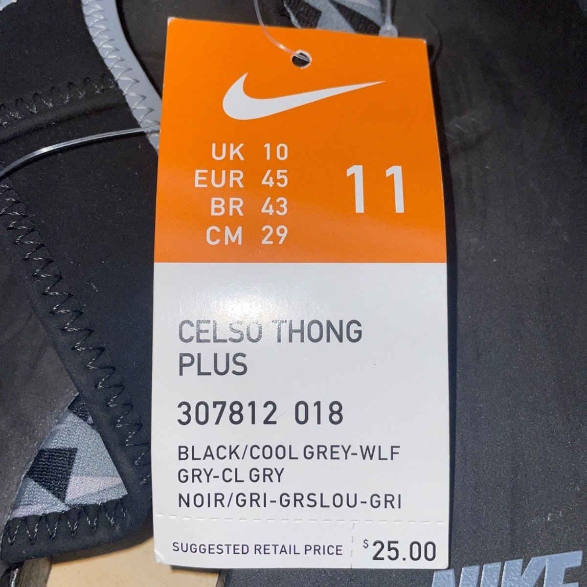 Nike Men’s Charcoal Black & Gray Celso Thong Plus Flip-Flops Sandals Size 11