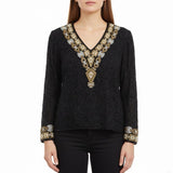 Chetan Creations Black Silk Hand Woven Sequined Beaded Top Gold V-Neck Sz M