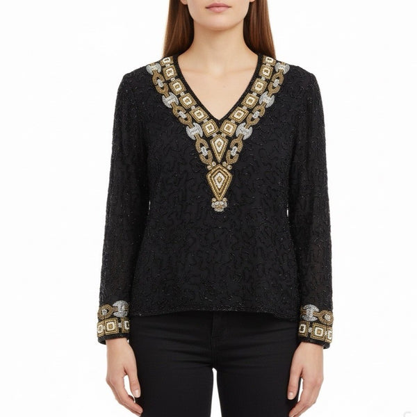 Chetan Creations Black Silk Hand Woven Sequined Beaded Top Gold V-Neck Sz M
