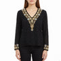 Chetan Creations Black Silk Hand Woven Sequined Beaded Top Gold V-Neck Sz M