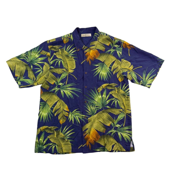 Tommy Bahama Mens Navy Hawaiian Button-Down Shirt Palm Leaf Pattern Size L