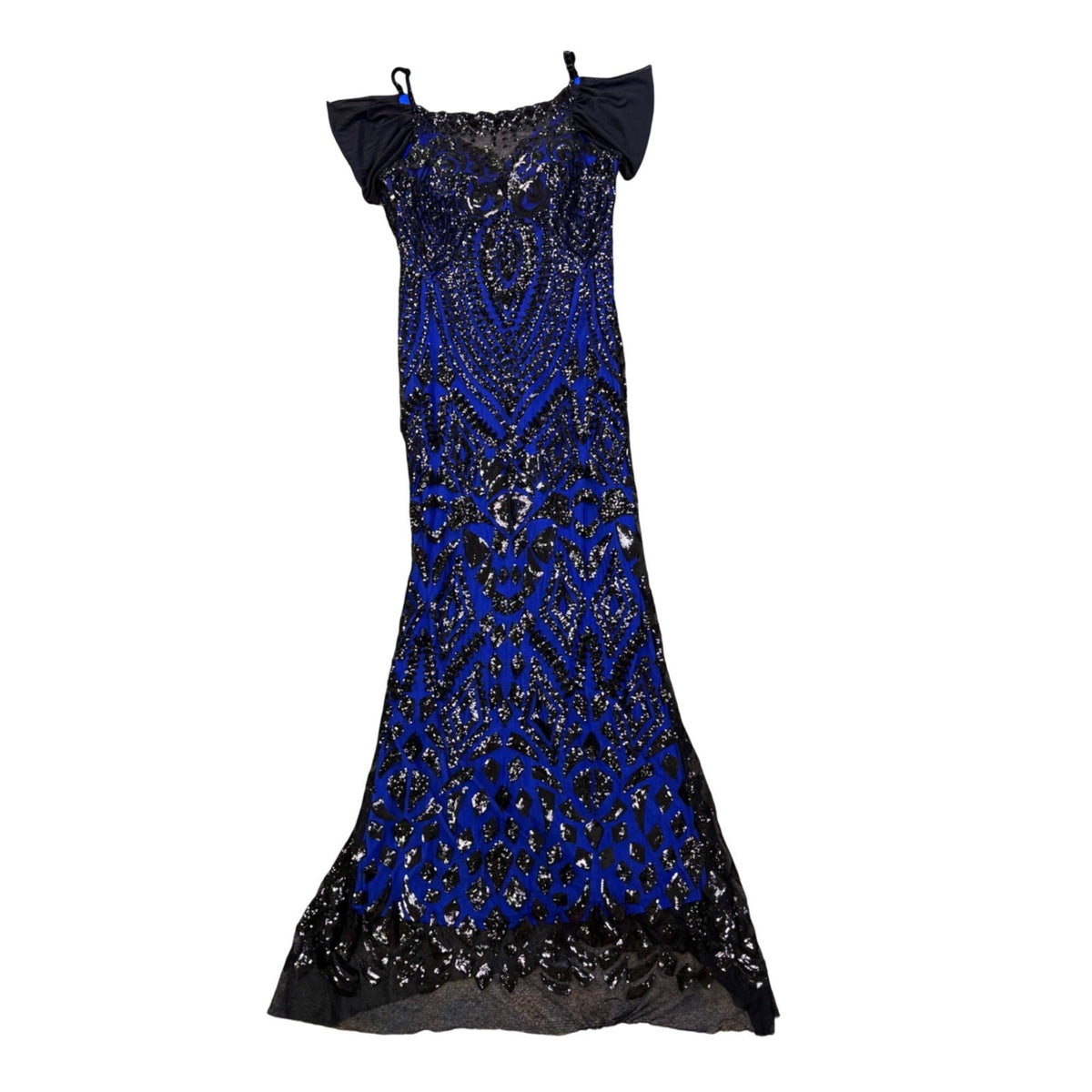 Angel Fashions Womens Black & Royal Blue Sequin Lace Gown Mermaid Dress Size L