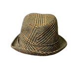 Vintage Unisex Yellow Plaid Wool Fedora Hat Checked Dupont Repel Feather Trim