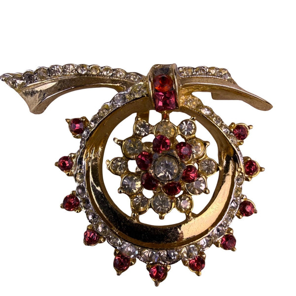 Coro Womens Gold Tone Rhinestone Floral Brooch Red & Clear Vintage Jewelry