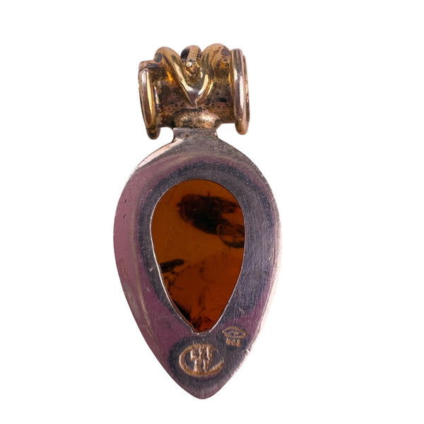 Baltic Amber Pendant In Sterling Silver 925 Teardrop Design Brown With Markings