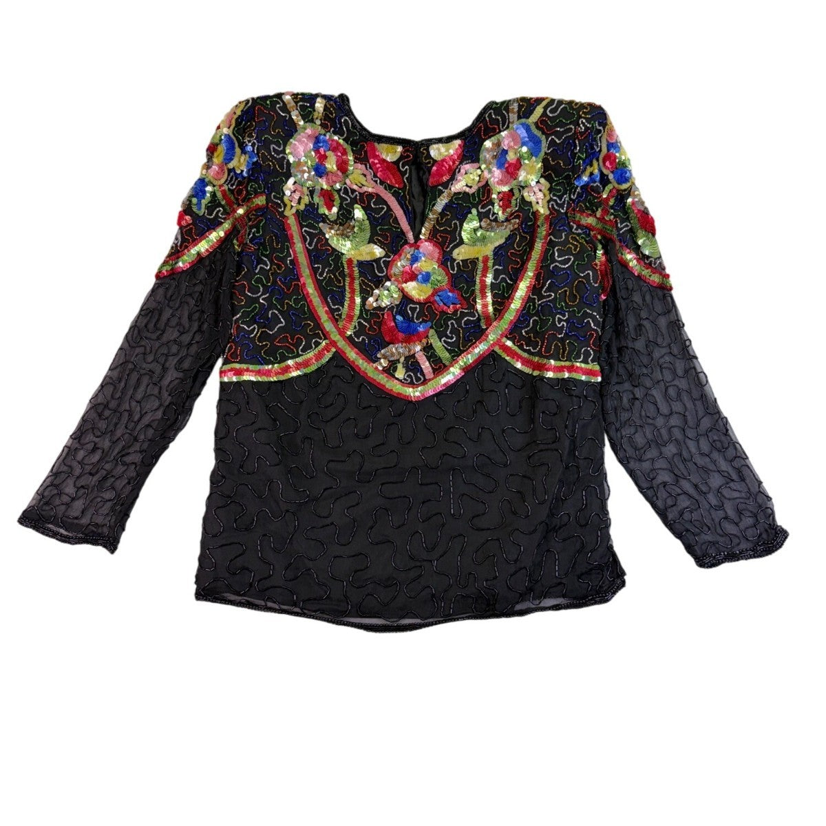 Swee Lo Womens Black Silk Beaded & Sequin Shirt Floral Design Size L