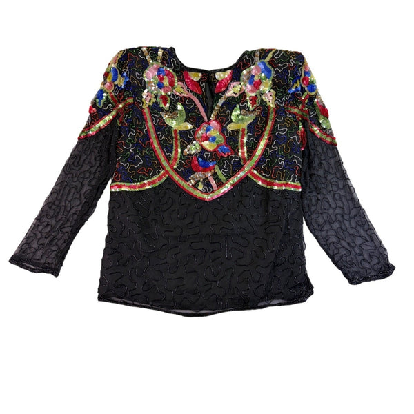 Swee Lo Womens Black Silk Beaded & Sequin Shirt Floral Design Size L