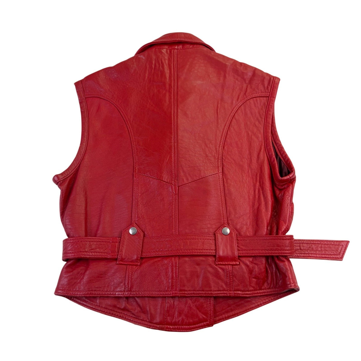 Bloomingdales Womens Red Leather Sleeveless Vest Belted Zipper Pockets Size S