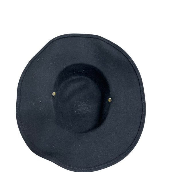 Black Wool Wide-Brim Fedora Hat With Red Floral Embellishment