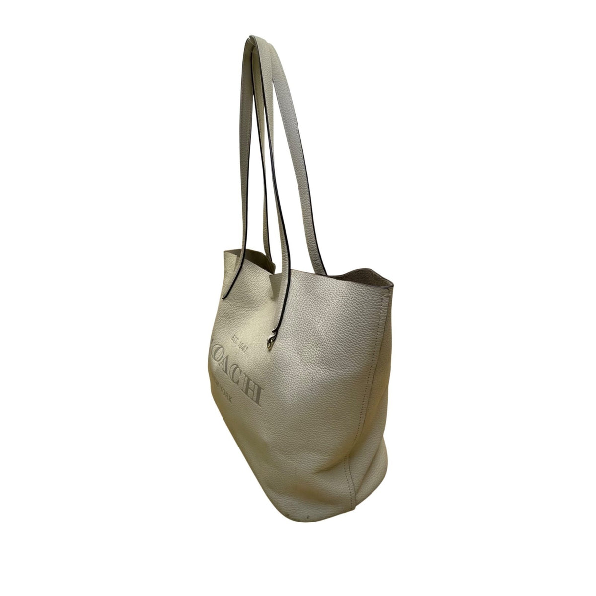 Coach Women’s Taupe Leather Embossed Logo Double Handles Snap Closure Tote Bag