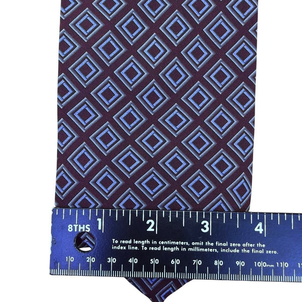 Perry Ellis Mens Burgundy & Blue 100% Silk Geometric Pattern Necktie