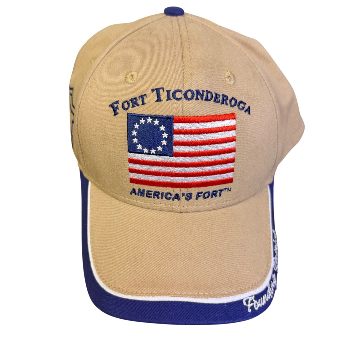 Fort Ticonderoga Founding Patriot Embroidered Khaki & Blue Baseball Cap