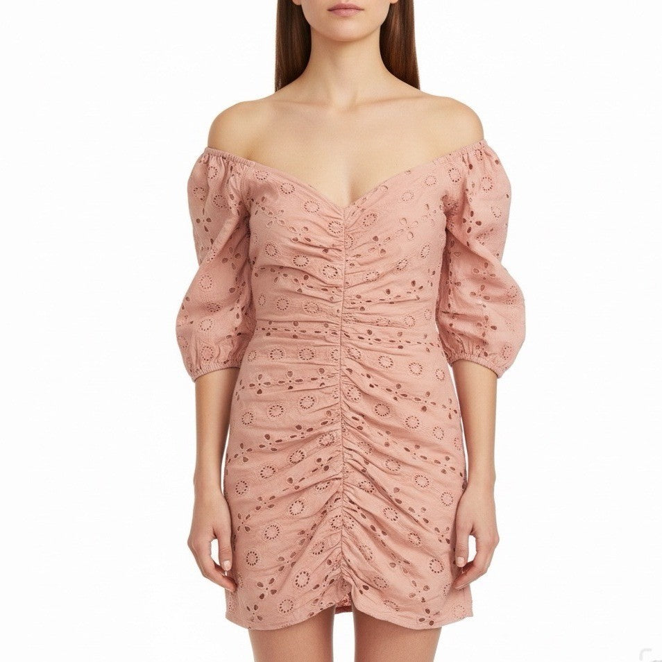 ASOS Womens Pink Eyelet Ruched Mini Dress Three-Quarter Sleeves Sz 4 - New