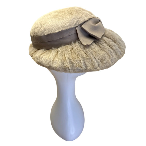 Vintage Beige Faux Fur Womens Hat With Bow Accent & Satin Lining