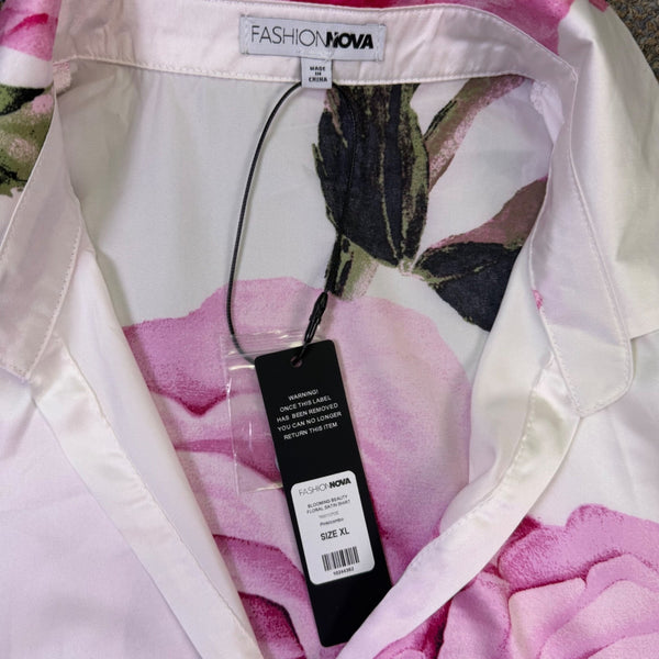 Fashion Nova Womens White Floral Roses Button-Up Shirt Size XL