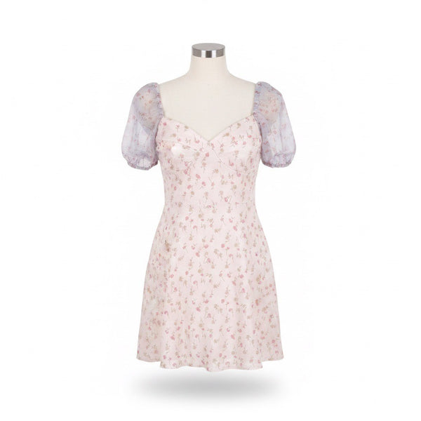 Cider Womens Pink Floral Mini Dress W/Puff Sleeves Light Purple Accents S