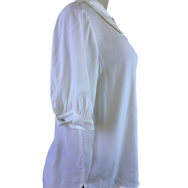 Ted Baker Womens White Button-Up Shirt With Pearl-Embellished Collar Sz 2