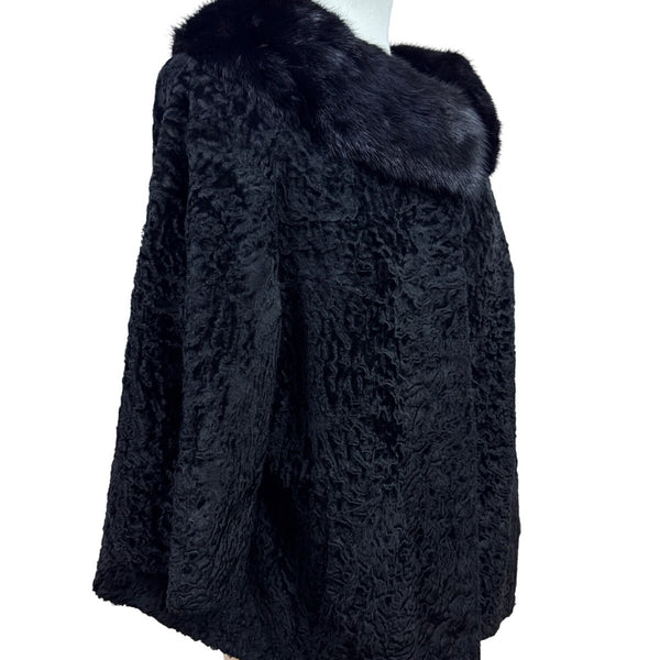 Vintage 50s - 60s Helen L Black Fur Cap Textured Body and Mink-Style Collar S/M
