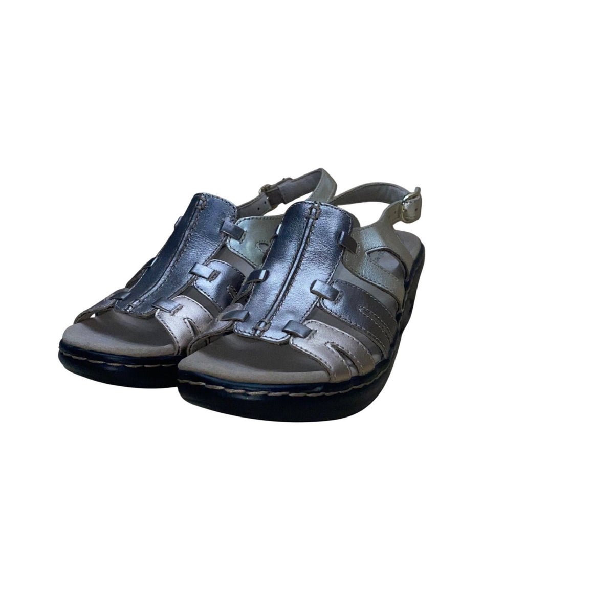 Clarks Women’s Metallic Silver Leather Lexi Marigold Q Sandals Size 7.5