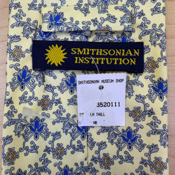 Smithsonian Institution Mens Cream & Blue 100% Silk Floral Pattern Neck Tie