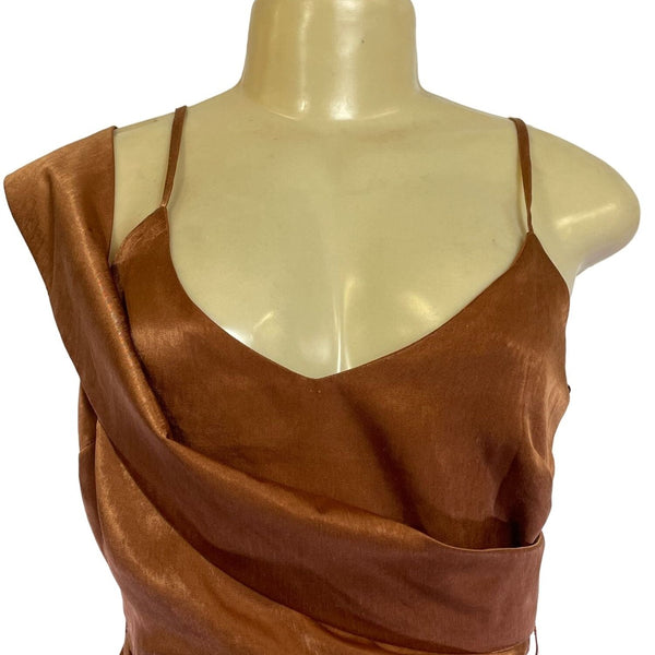 Brown Asymmetrical Satin Midi Dress With Adjustable Straps & Side-Zip Closure Ne