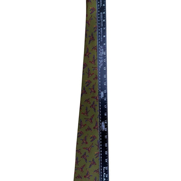 Ferragamo Mens Green Silk Tie Mallard Duck Animal Print Made In Italy