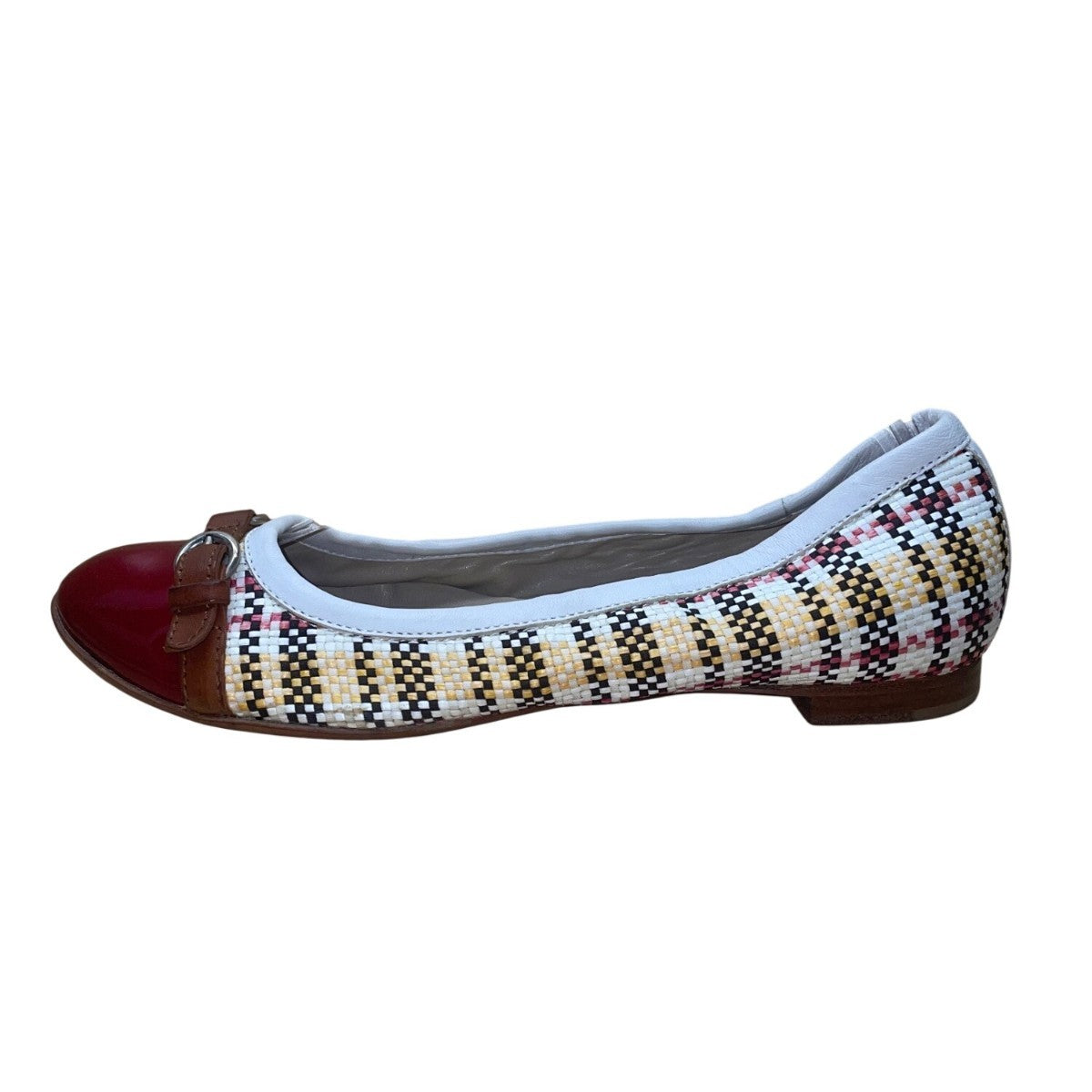AGL Women’s White Multicolor Patterned Woven Leather Cap Toe Buckle Flats Sz 9US
