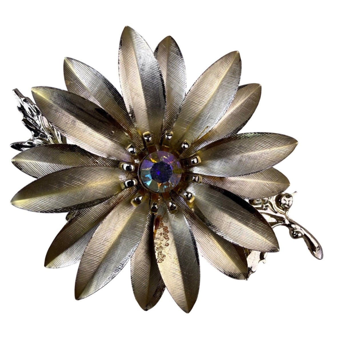 Vintage Gold Tone Floral Brooch Rhinestone Center Pin  Elegant Design