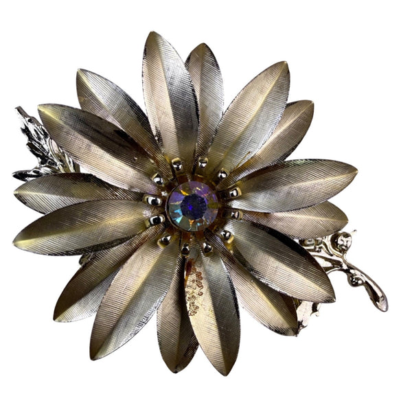 Vintage Gold Tone Floral Brooch Rhinestone Center Pin  Elegant Design