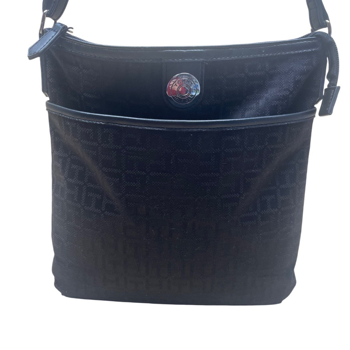 Tommy Hilfiger Women’s Black Monogram Adjustable Strap Zippered Crossbody Bag