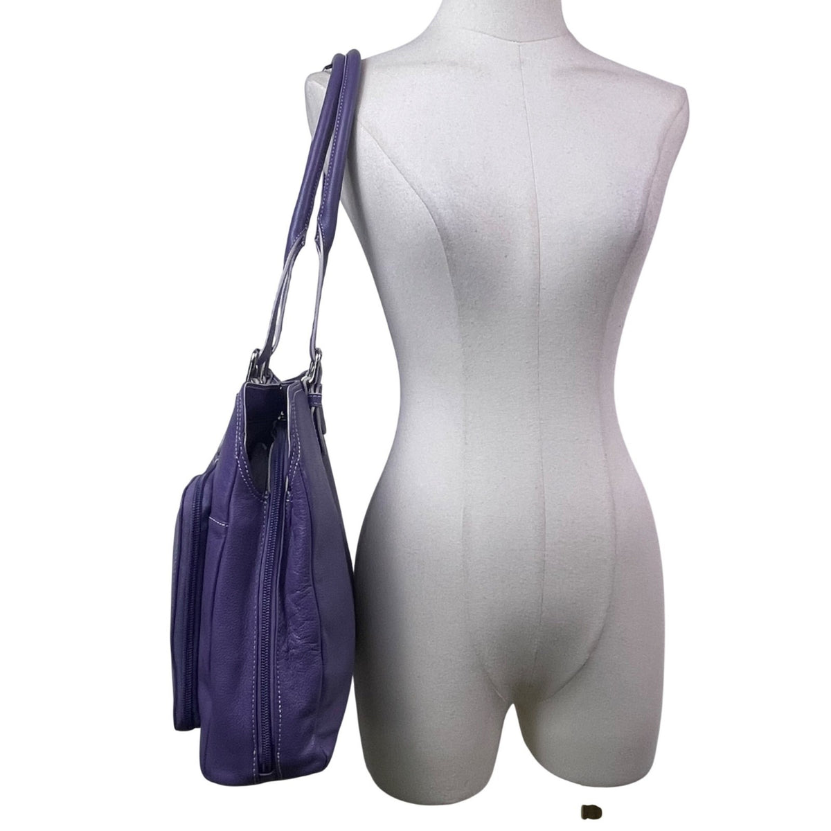 Levenger Women’s Purple Leather Double Strap Buckle Detail Zip Pocket Tote Bag