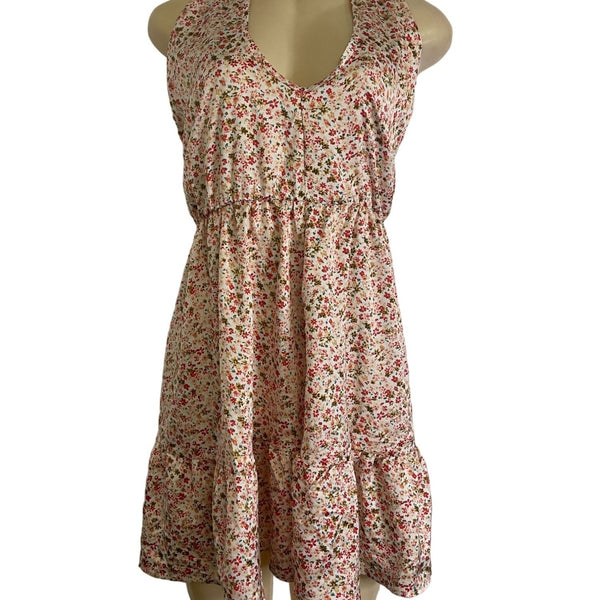 Floral Halter Neck Mini Dress With Ruffle Hem & Open Back New