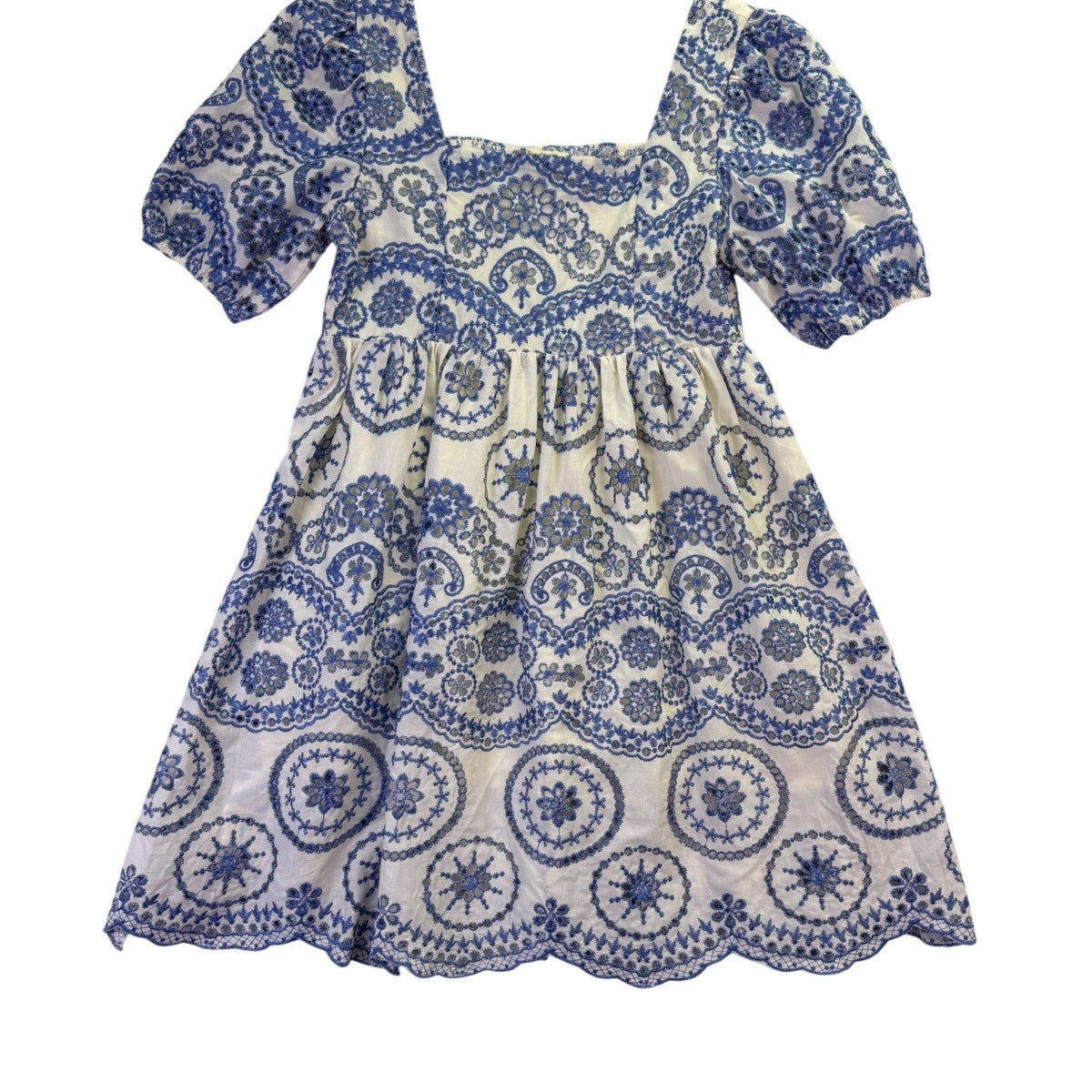 Sundayup Women White & Blue Embroidered Cotton Dress Square Neck Size L