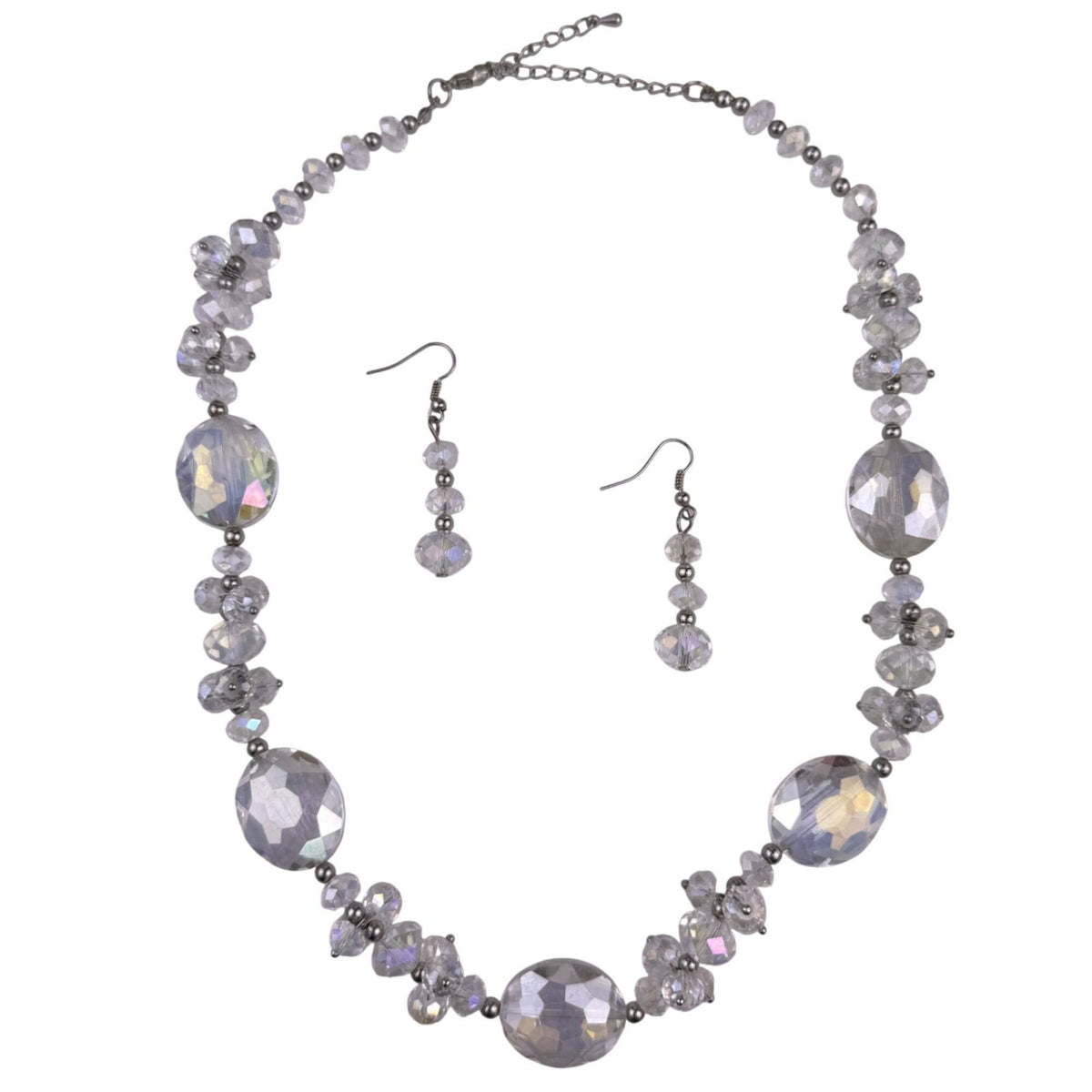 Vintage Womens Clear Crystal Bead Necklace & Earrings Set Adjustable Chain